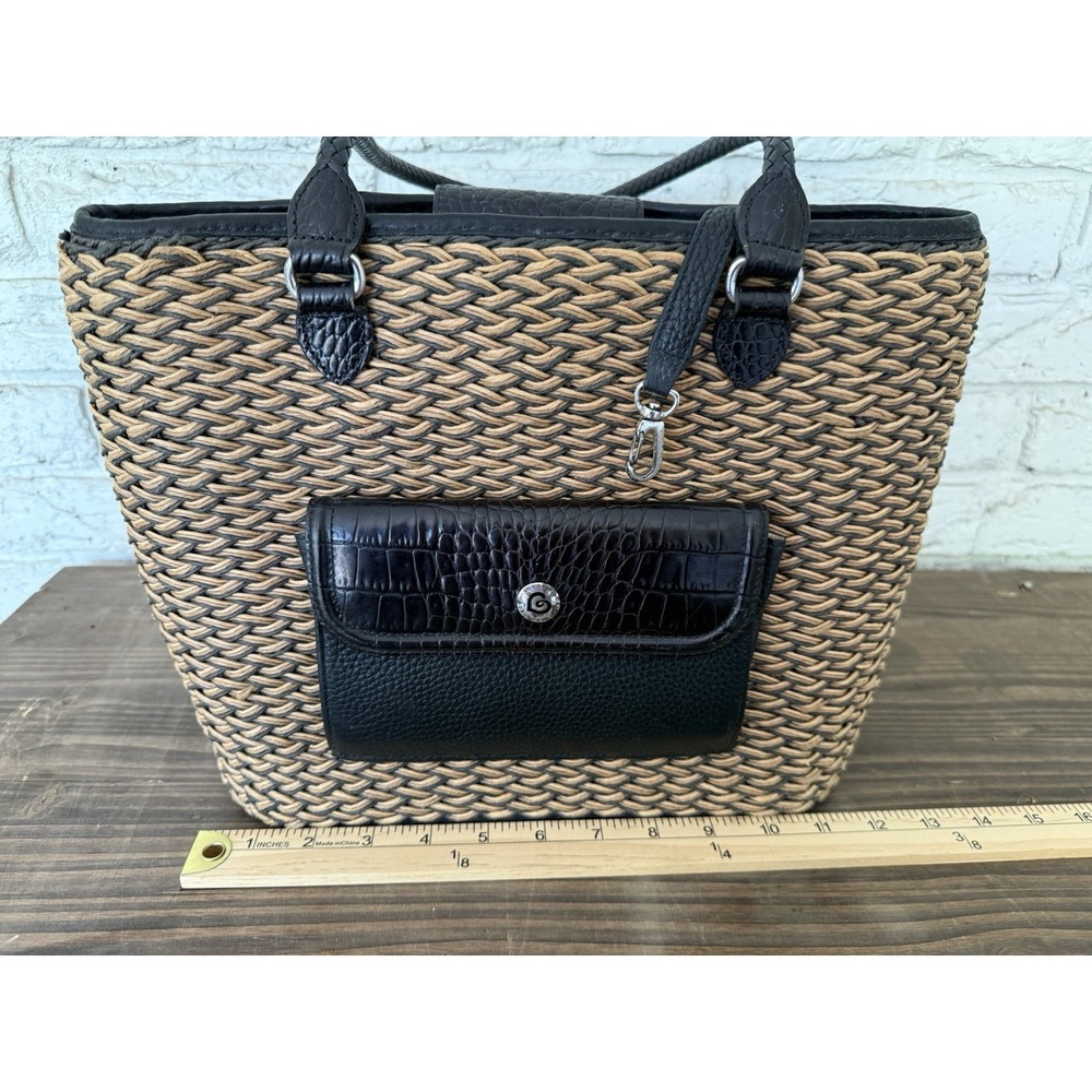 Vintage Brighton Straw & Leather Purse Tote Bag Woven Braided Straps-Tan Black - Picture 11 of 16
